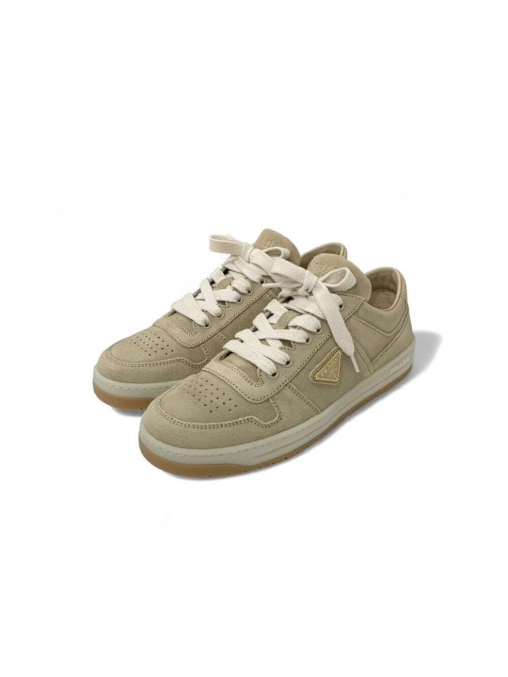 Prada Downtown Sneakers Shoes Delave Suede Beige Gold Logo - Picture 1 of 10